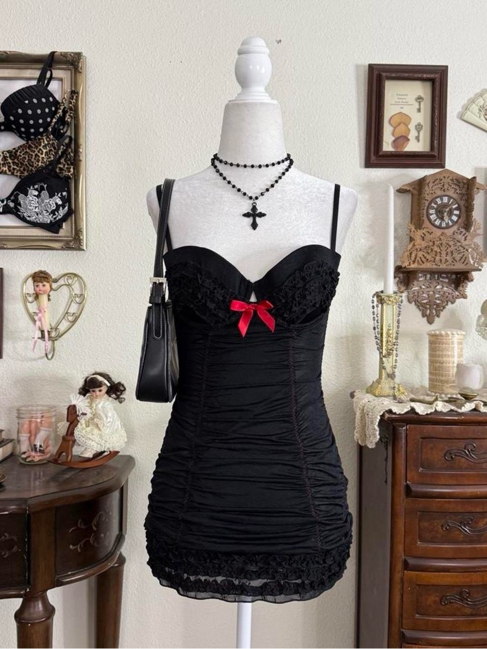 Femme fatale vampy romantic goth black floral sheer ruched lingerie dress